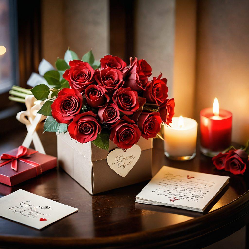 A beautifully arranged tabletop scene featuring romantic gifts such as a heart-shaped box with chocolates, a handwritten love letter, and a bouquet of red roses. Soft candlelight illuminates the scene, creating a warm and intimate atmosphere. The background hints at a cozy setting with a gentle bokeh effect. A sense of love and tenderness radiates from the display. super-realistic. warm tones. soft focus.