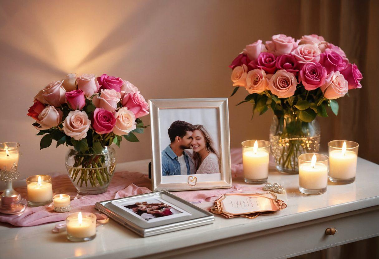 A beautifully arranged table set for a romantic celebration, featuring heartfelt gifts like personalized photo frames, elegant candles, and a bouquet of roses. Soft pastel colors fill the scene, with warm ambient lighting that evokes a cozy atmosphere. In the background, a couple is seen joyfully exchanging gifts, embodying love and connection. Artistic touches add a whimsical feel, such as hearts and glitter scattered around. vibrant colors. super-realistic.